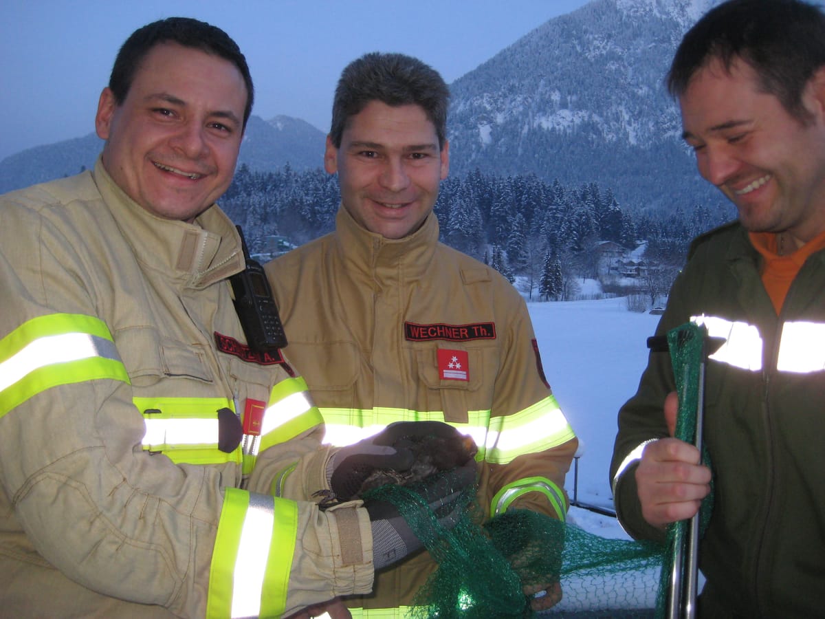 Feuerwehrmitglieder mit dem eingefangen Vogel in der Hand